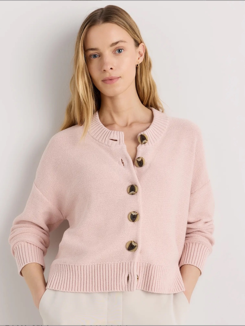 Quince 100% Organic Cotton Cropped Cardigan in Shell Pink
